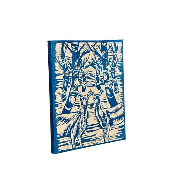 Blue Folk Art Deer Print | Whimsical Forest Scene | 14x11 Canvas Board - Picture 3 of 3